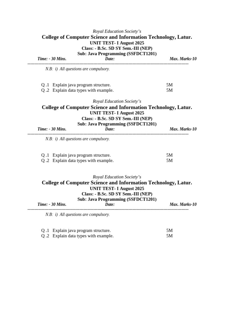 Java Programming Unit Test - B.Sc. SD | PDF