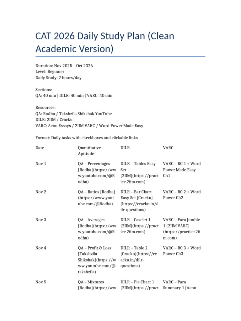 CAT 2026 Daily Study Plan Clean Academic | PDF