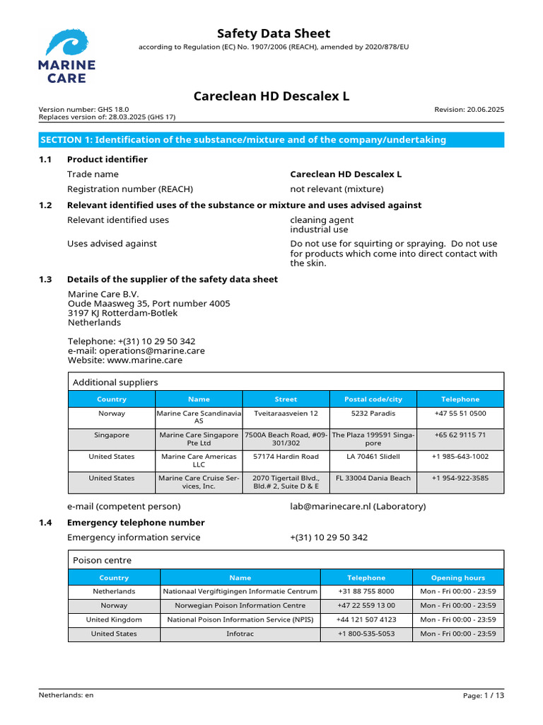 Careclean HD Descalex L Safety Data Sheet | PDF | Occupational Safety ...
