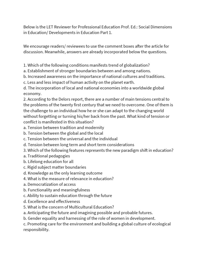 LET Reviewer: Social Dimensions in Education | PDF | Learning | Teachers