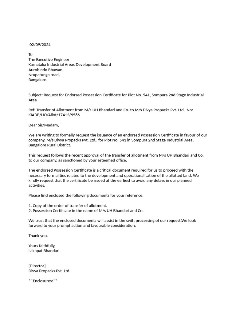 Request for Possession Certificate - Plot 541 | PDF