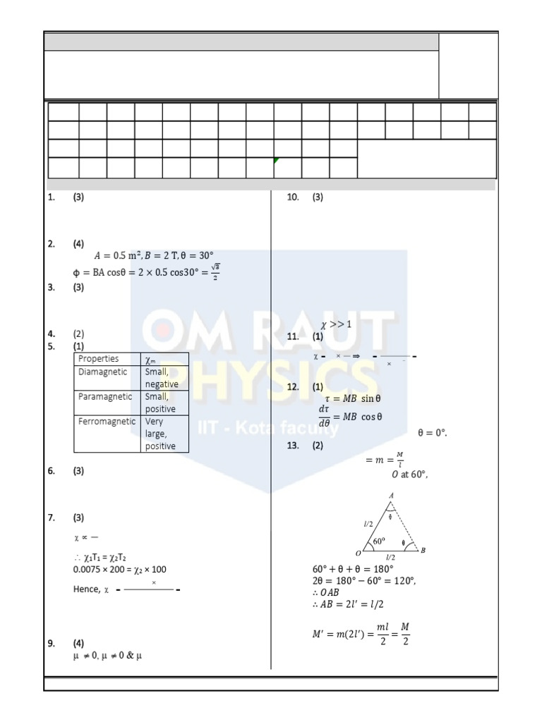JEE Class 12 Physics Magnetism Solutions | PDF | Magnetism | Ferromagnetism