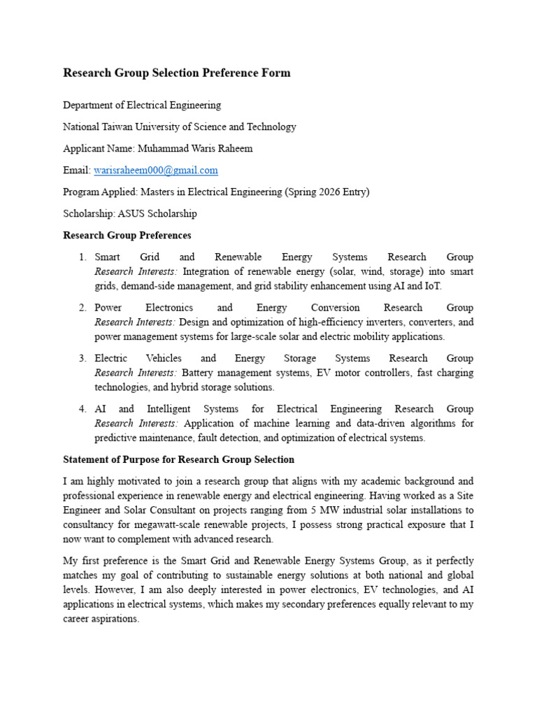 Research Group Preferences for EE Master's | PDF | Solar Power ...