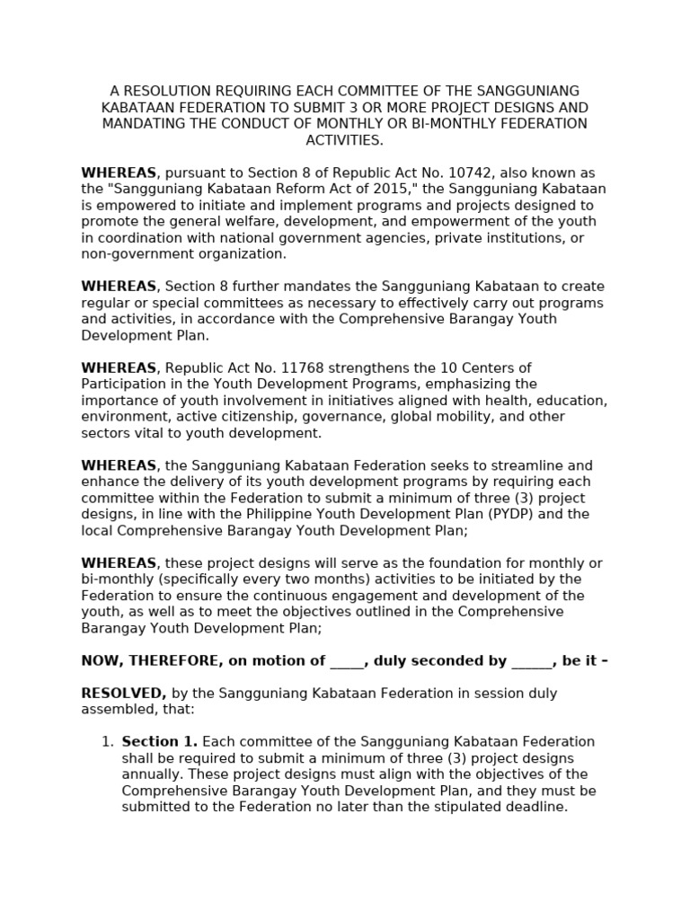 Sangguniang Kabataan Project Submission Resolution | PDF | Government
