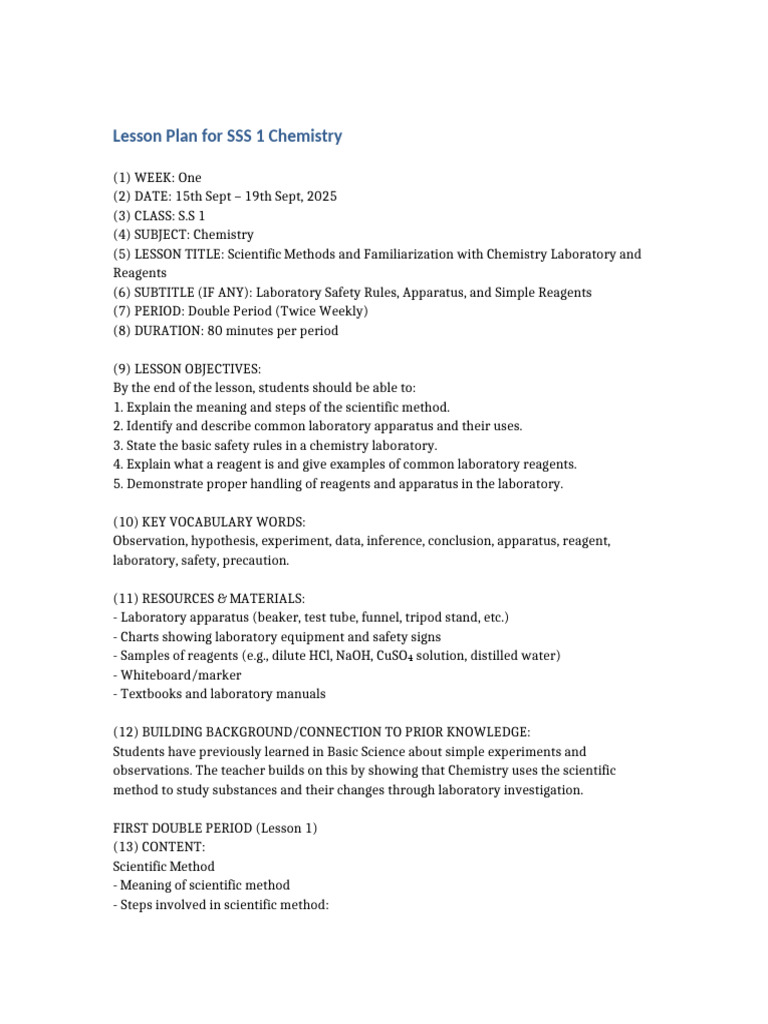 SSS 1 Chemistry Lesson Plan: Scientific Methods | PDF | Scientific ...