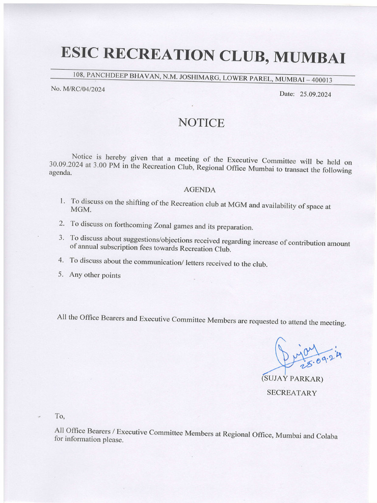 ESIC Recreation Club Meeting Notice | PDF