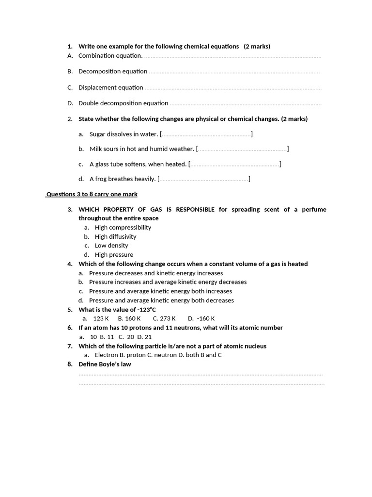 Chemistry Test CL 9 | PDF