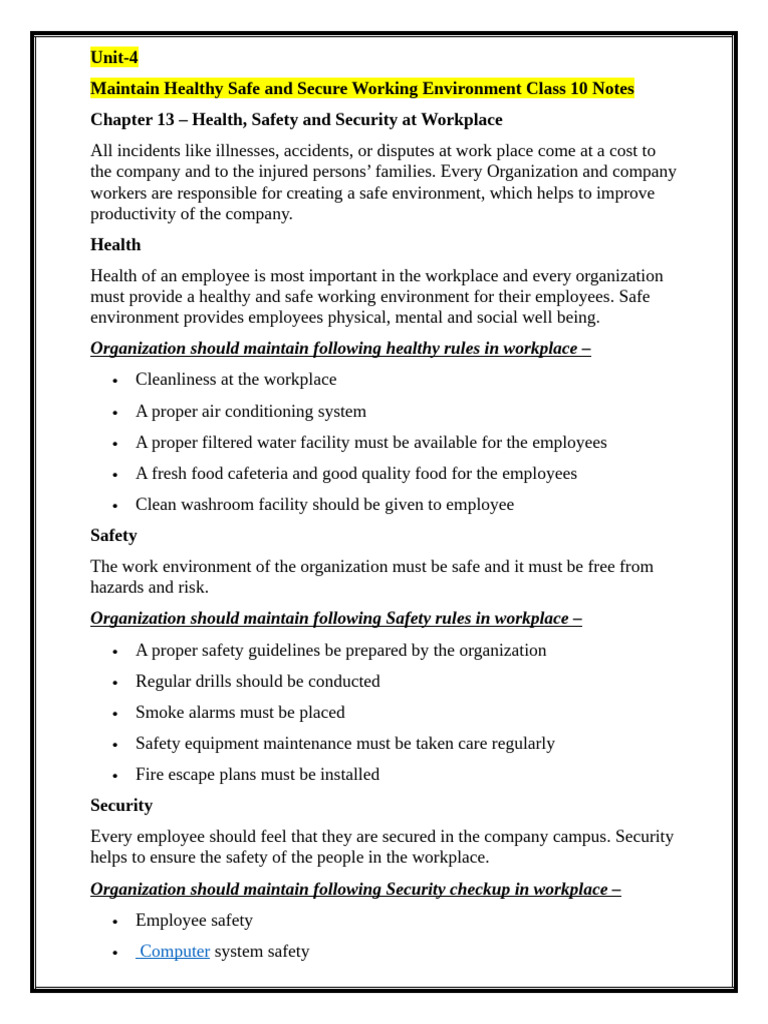 Unit-4 Health and Safety Notes | PDF | Occupational Safety And Health ...