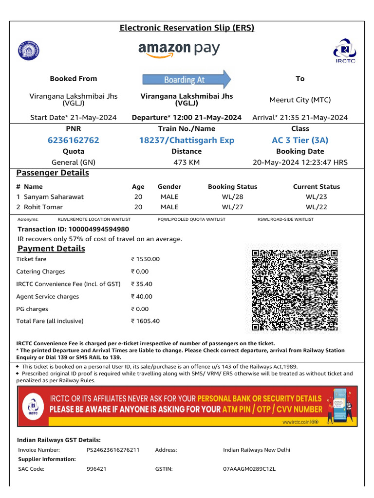 IRCTC Ticket Payment Summary | PDF | Identity Document