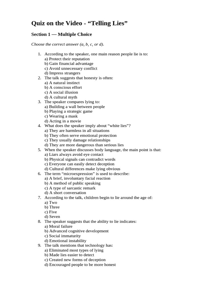 Quiz On Video Telling Lies Student | PDF | Deception | Lie