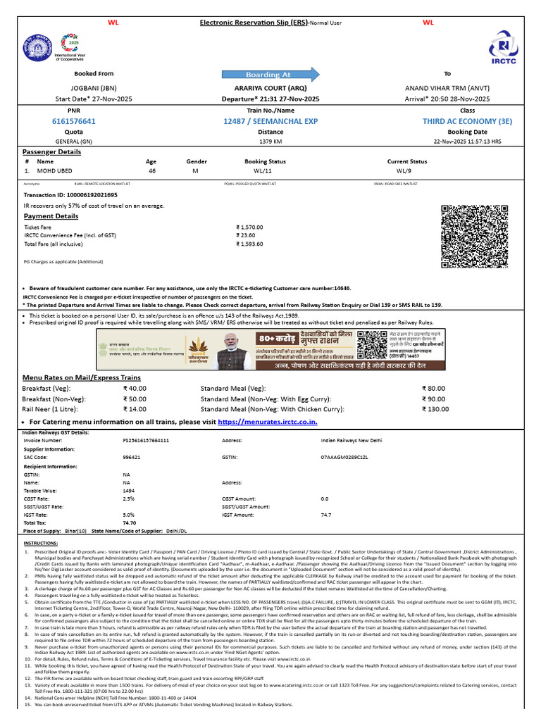 Seemanchal Exp Third Ac Economy (3E) : WL WL | PDF | Identity Document ...