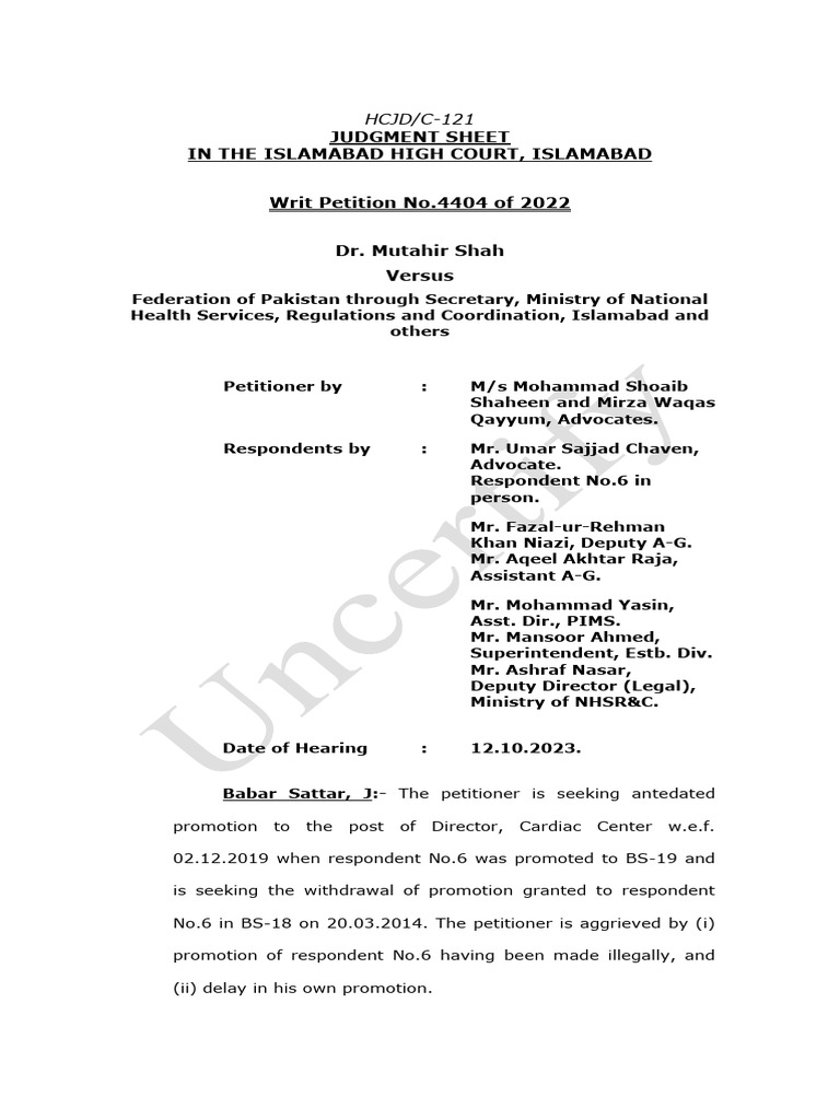 Judgment Sheet in The Islamabad High Court, Islamabad Writ Petition No ...