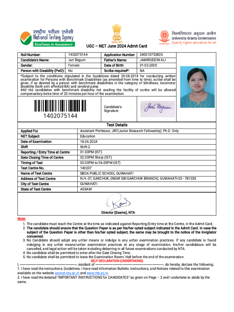 UGC NET June 2024 Admit Card Details | PDF | Identity Document