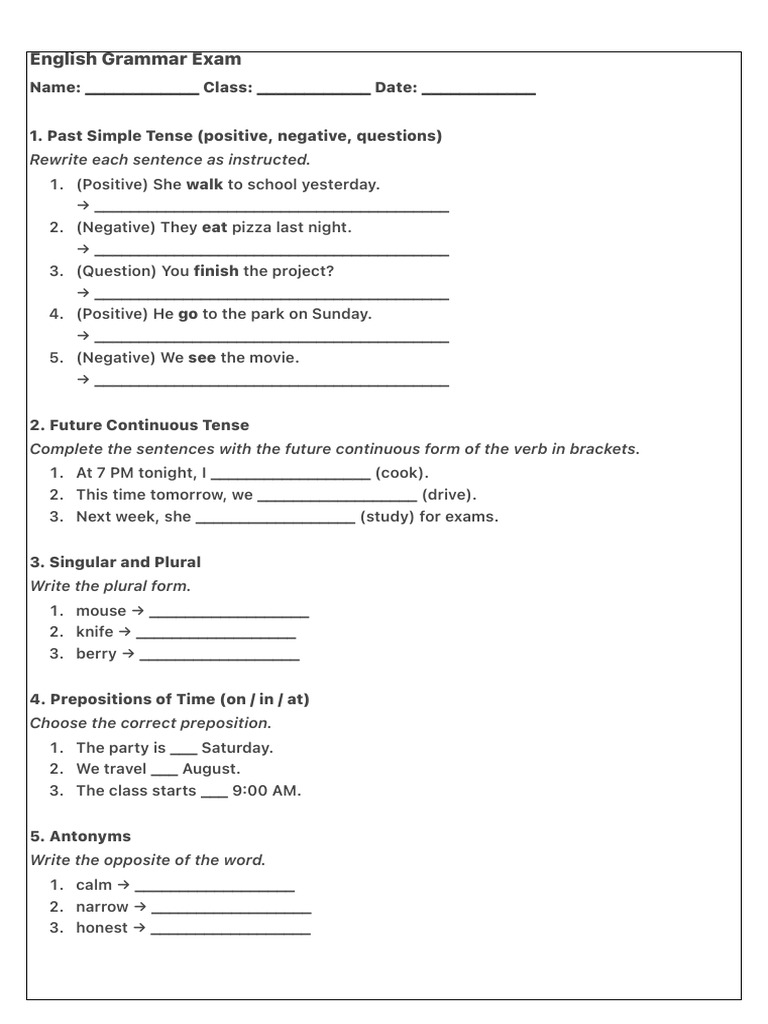 English Grammar Exam Practice Test | PDF