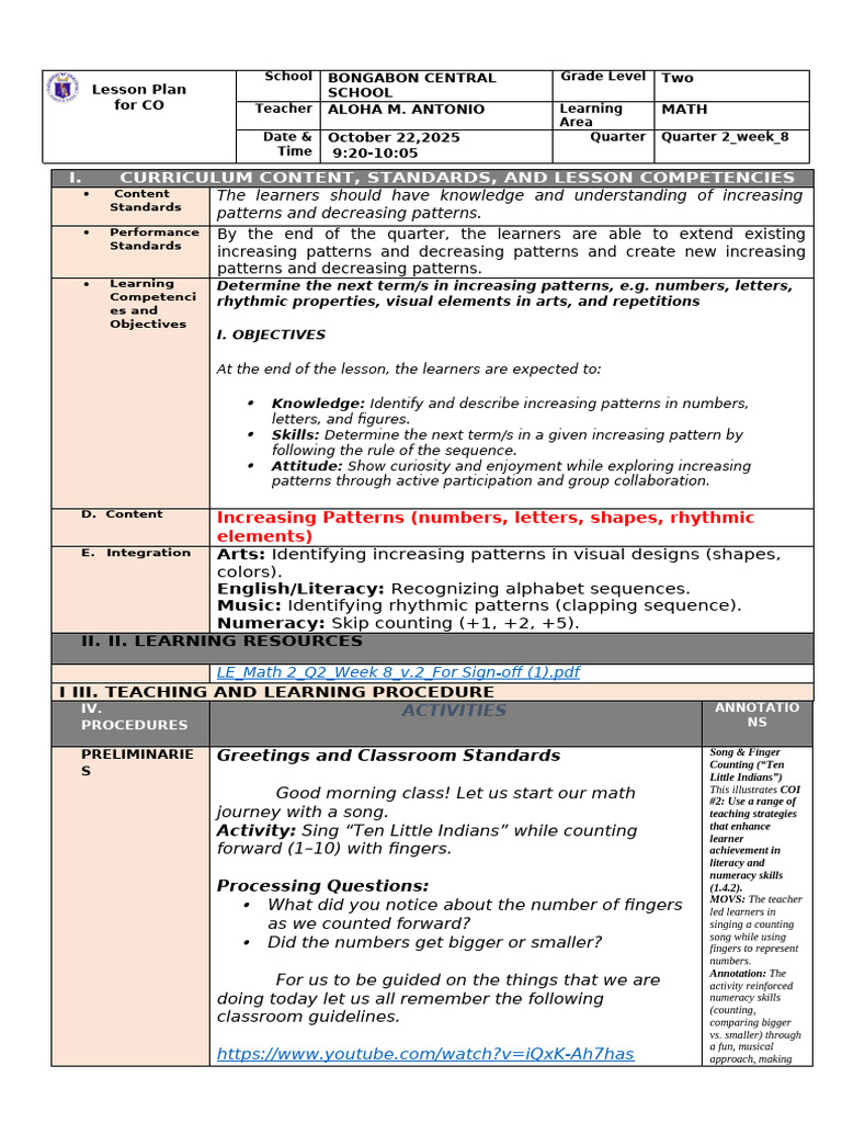 Grade 2 Math Lesson: Increasing Patterns | PDF | Learning | Educational ...