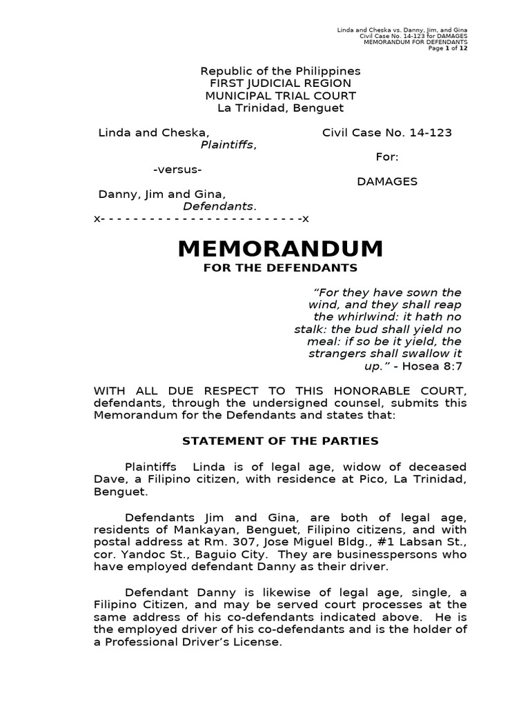 Civil Case 14-123: Damages Memorandum | PDF | Negligence | Damages