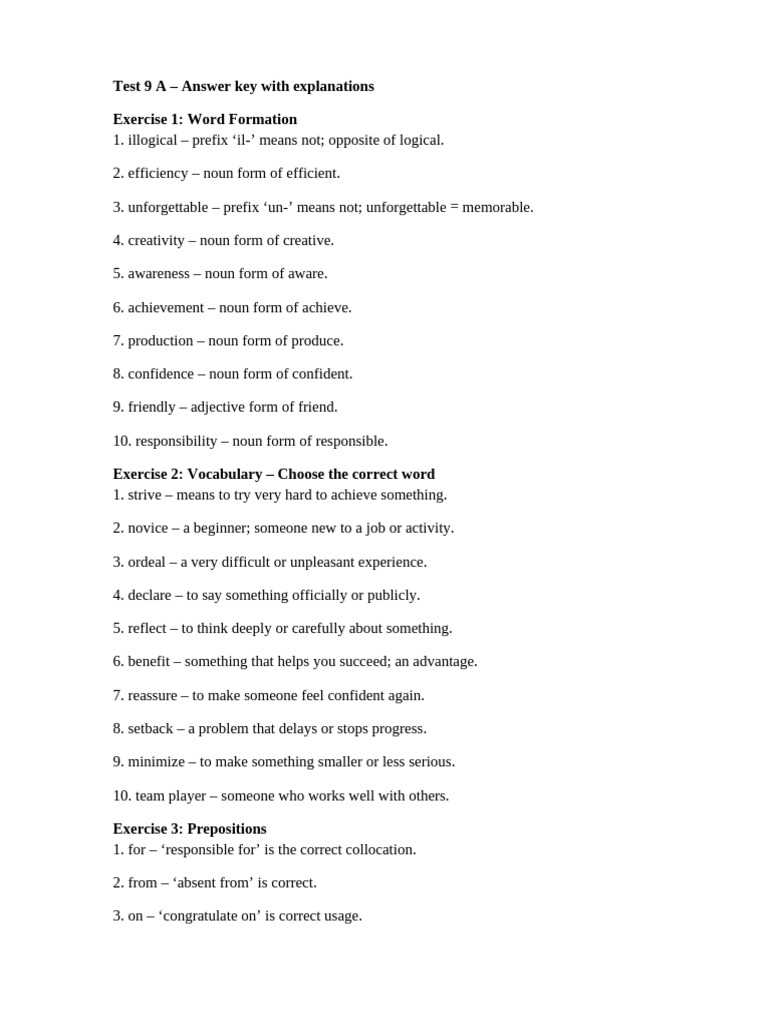 Answer Key for Test 9 A Explanations | PDF | Noun | Languages