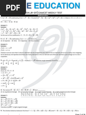 EAMCET Weekly Test: Mathematics Solutions | PDF | Function
