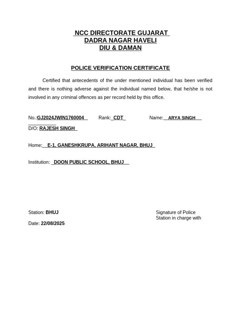 Police Verification Certificate for Arya Singh | PDF