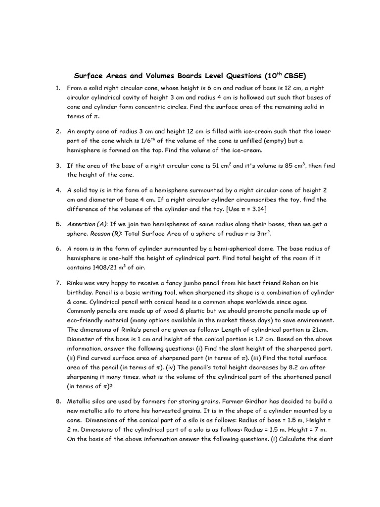 Surface Areas and Volumes Extra Questions 11nov2025 | PDF | Sphere | Area