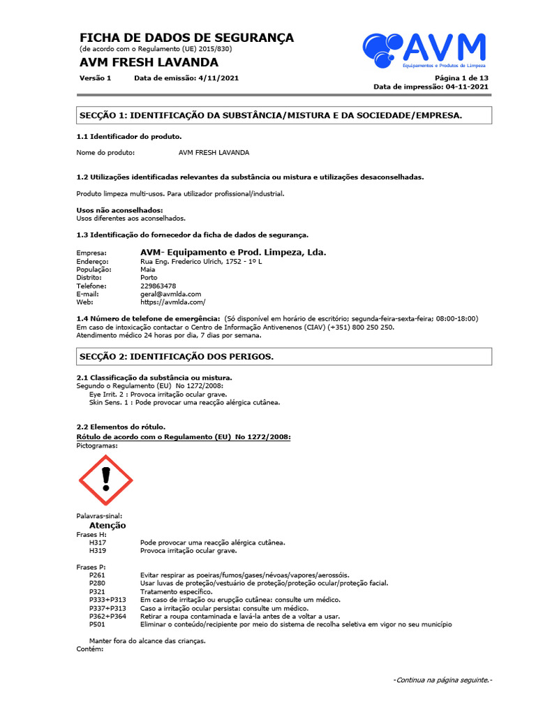Ficha de Segurança AVM Fresh Lavanda | PDF | Vapor | Química