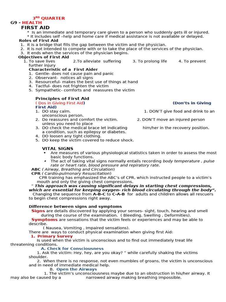 First Aid 3rd Quarter | PDF | First Aid | Cardiopulmonary Resuscitation