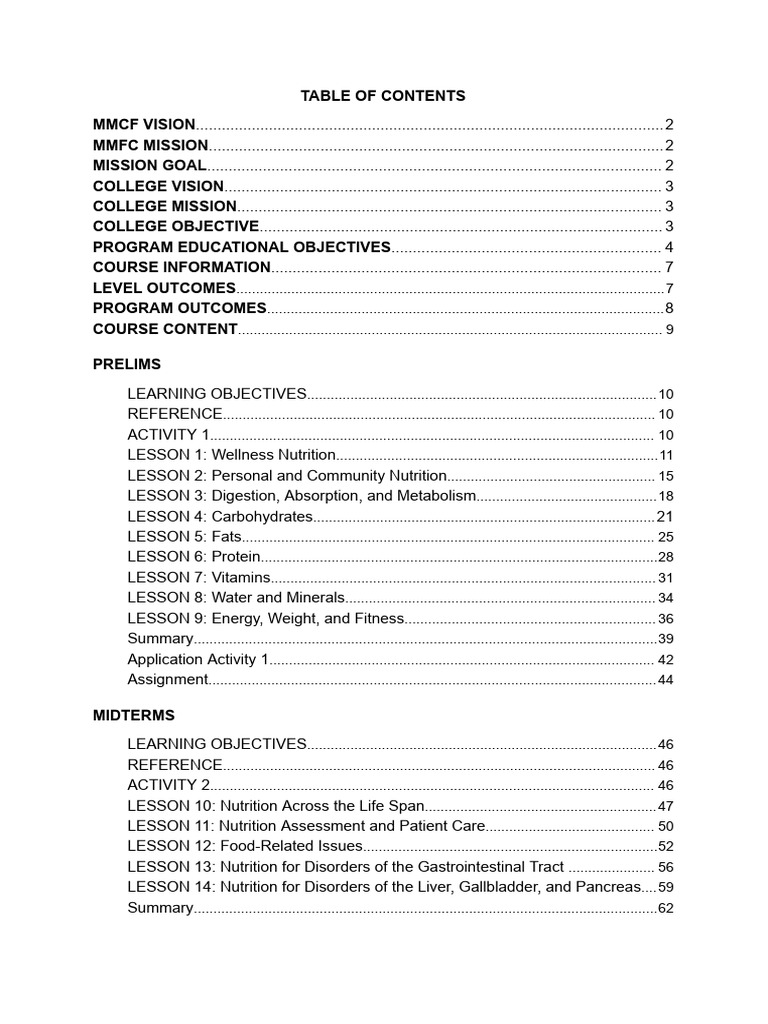 Nutrition Course Outline and Objectives | PDF | Nutrition | Diet ...