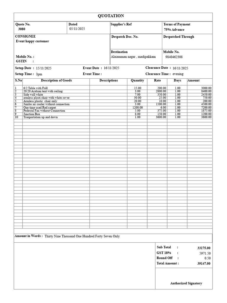 Event Quotation for Equipment Rental | PDF