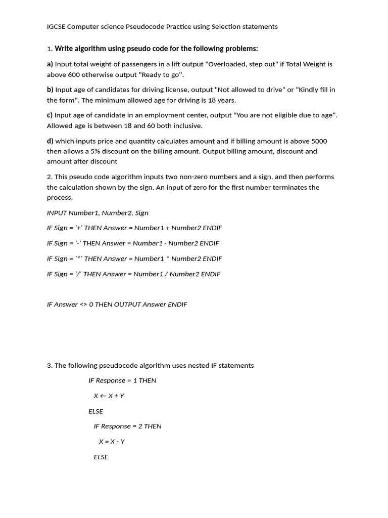 Pseudocode Practice for IGCSE Computer Science | PDF