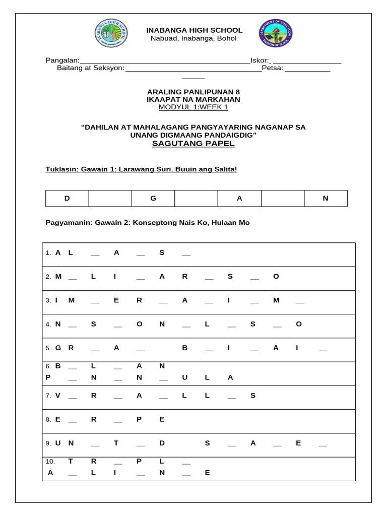 Answer Sheet AP 8 q4 Modyul 1 Wk1 | PDF