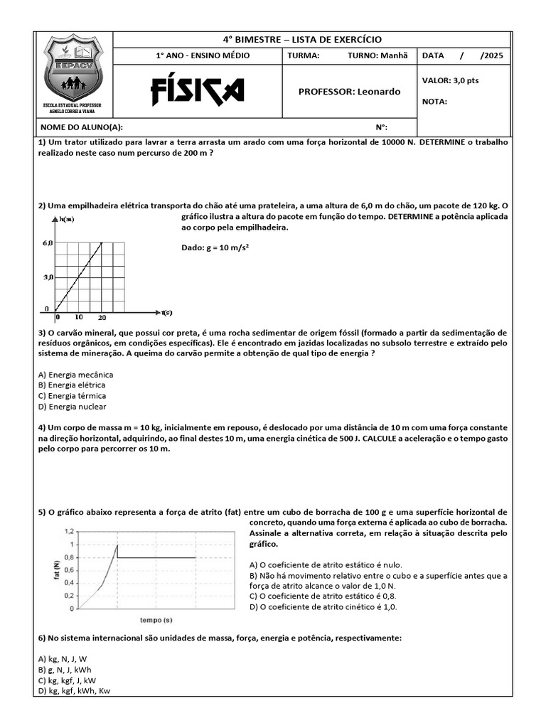 Lista de Exercícios de Física - 1º Ano | PDF | Energia cinética | Massa