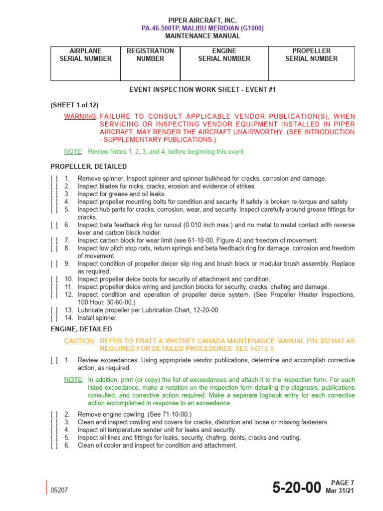 PA-46-500TP Maintenance Inspection Guide | PDF | Flap (Aeronautics ...