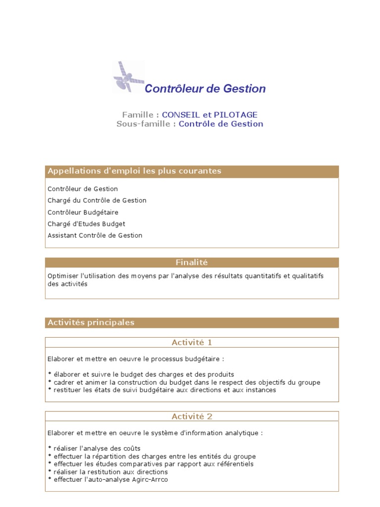 Fiche de Poste Controleur de Gestion  Budget  Business  Essai