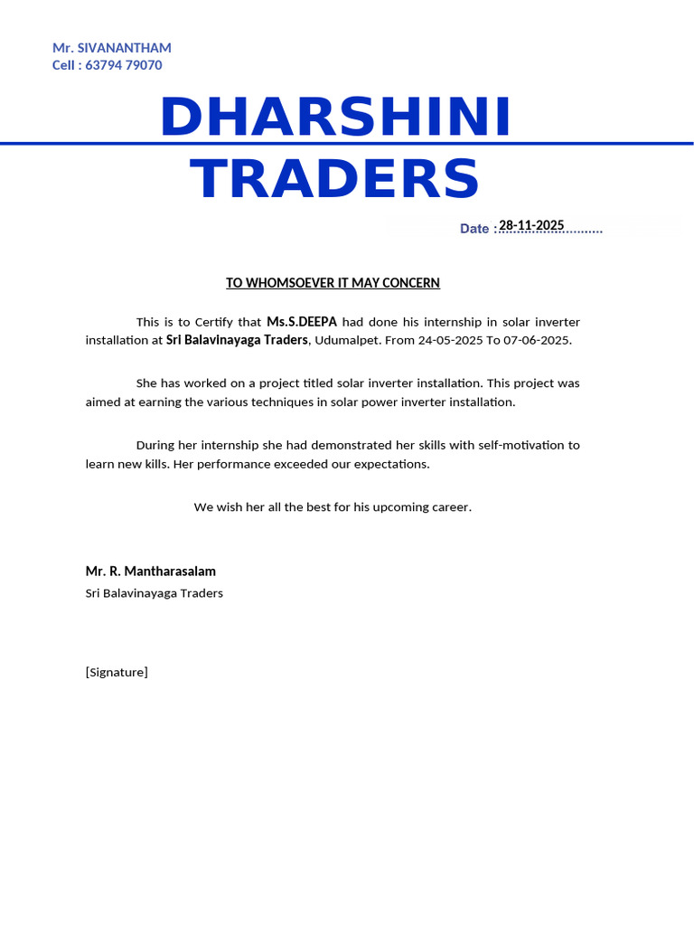 Dharshini Traders Work Letter | PDF