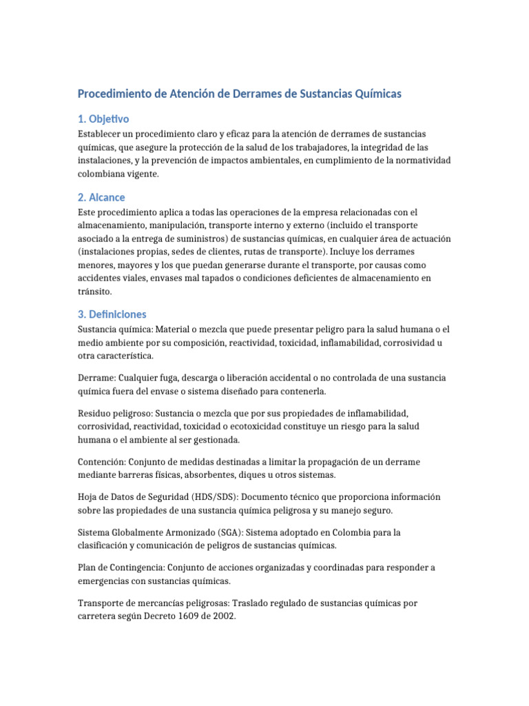 Procedimiento para Derrames Químicos | PDF | Residuos peligrosos