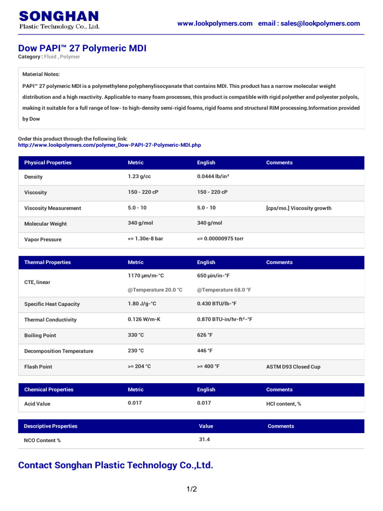 Dow PAPI™ 27 Polymeric MDI Overview | PDF | Polymers | Viscosity