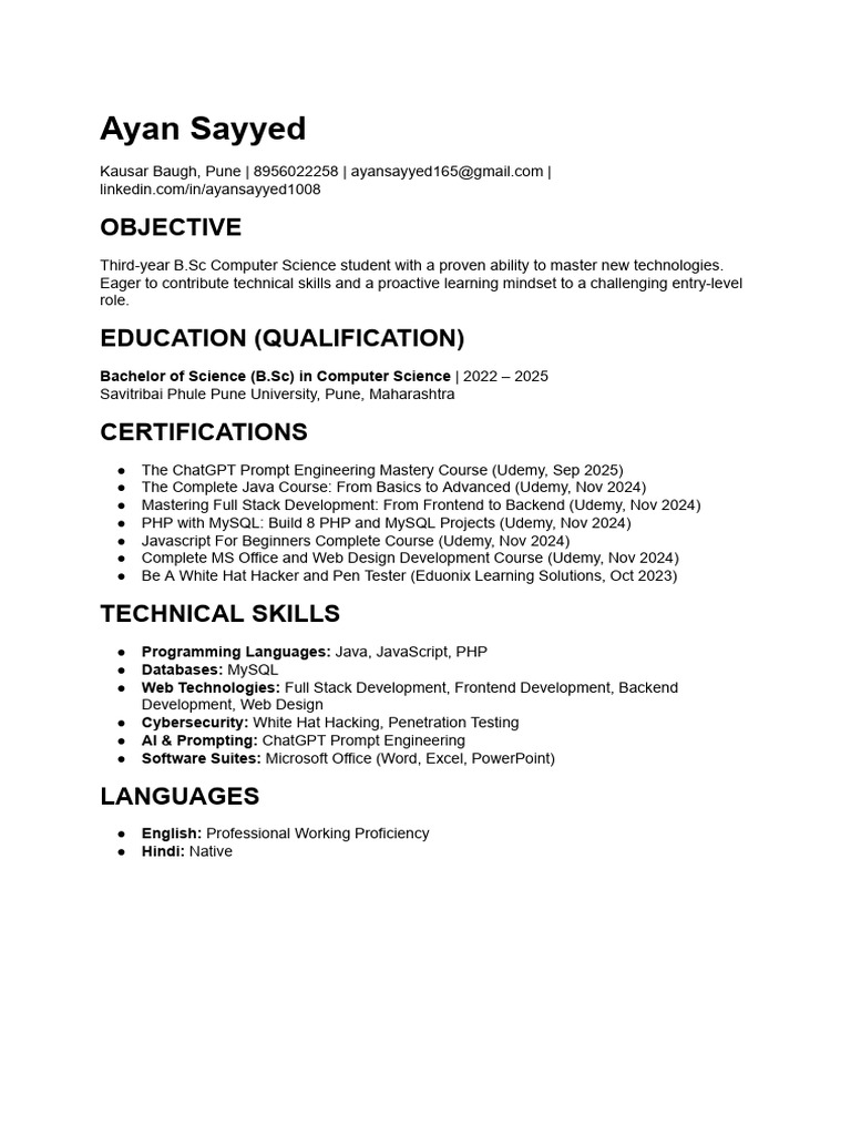 B.Sc Computer Science Student Resume | PDF