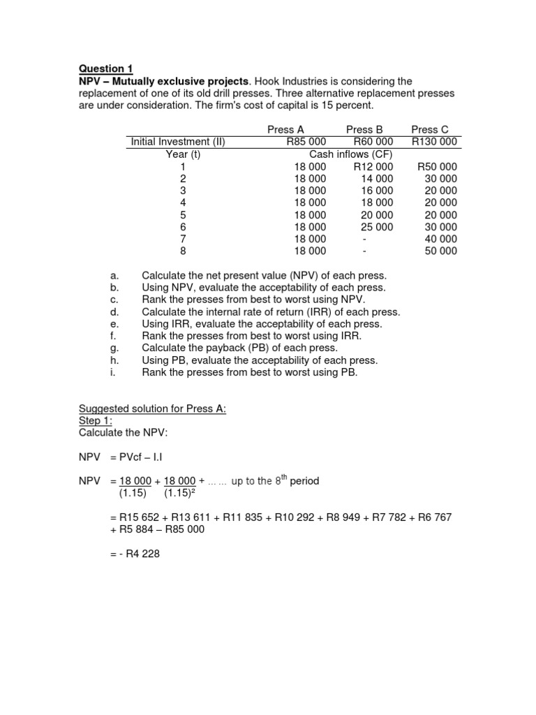 Additional Npv Irr Questions Suggested Solution To Q1