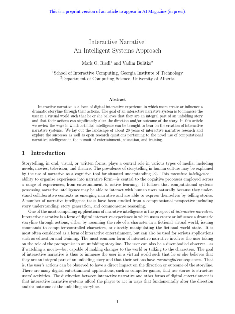 AI-Driven Interactive Narrative Systems | PDF | Narrative | Artificial ...
