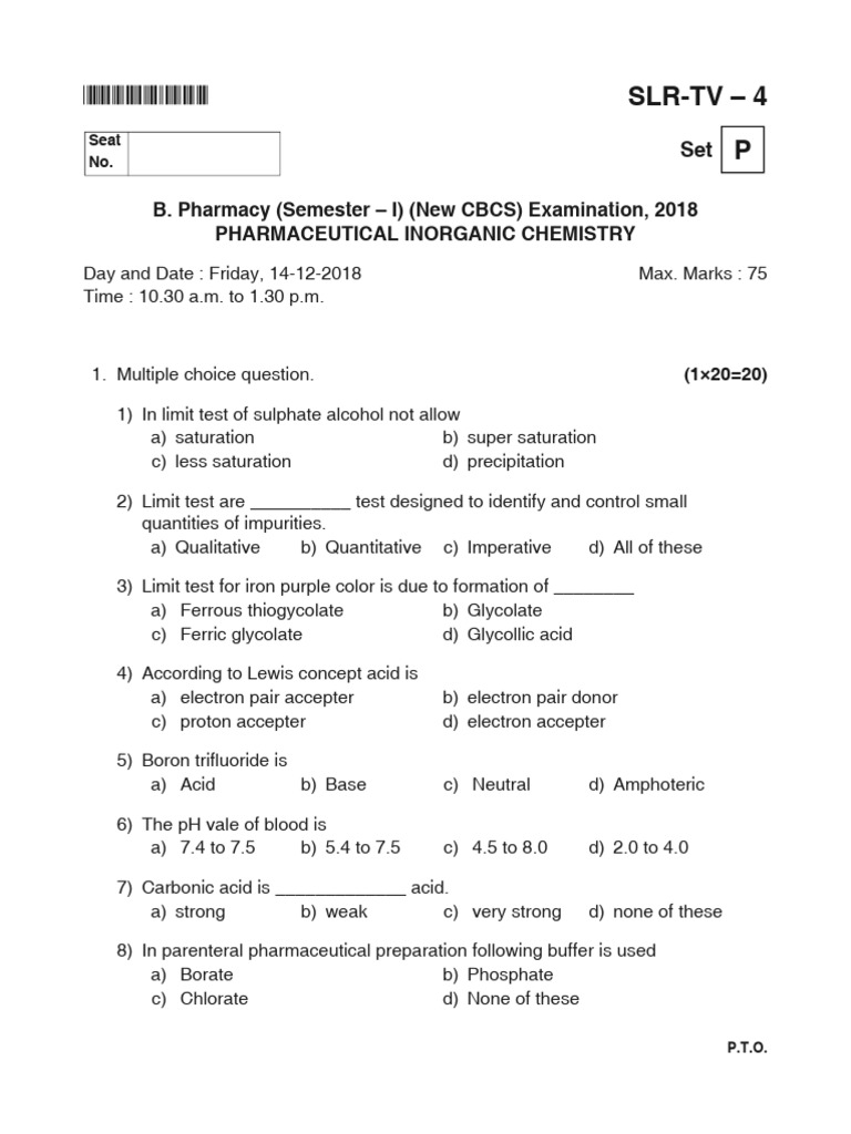 B. Pharmacy Inorganic Chemistry Exam 2018 | PDF | Acid | Sodium