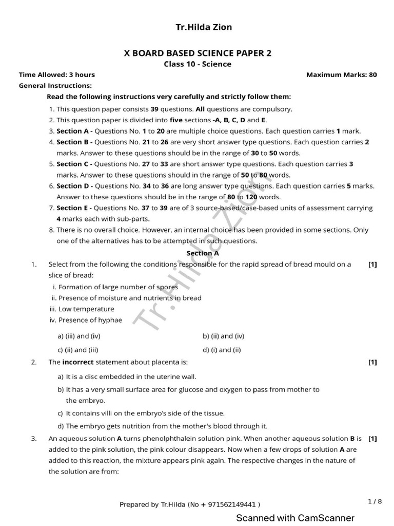 X Board Based Science Sample Paper 2 | PDF