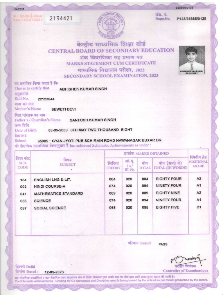 Abhishek Matric Marksheet 1 | PDF