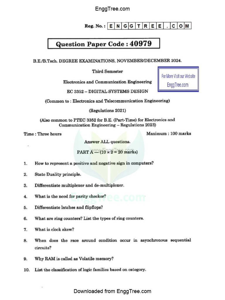 EC3352 Digital Systems Design Nov Dec 2024 Question Paper Download | PDF