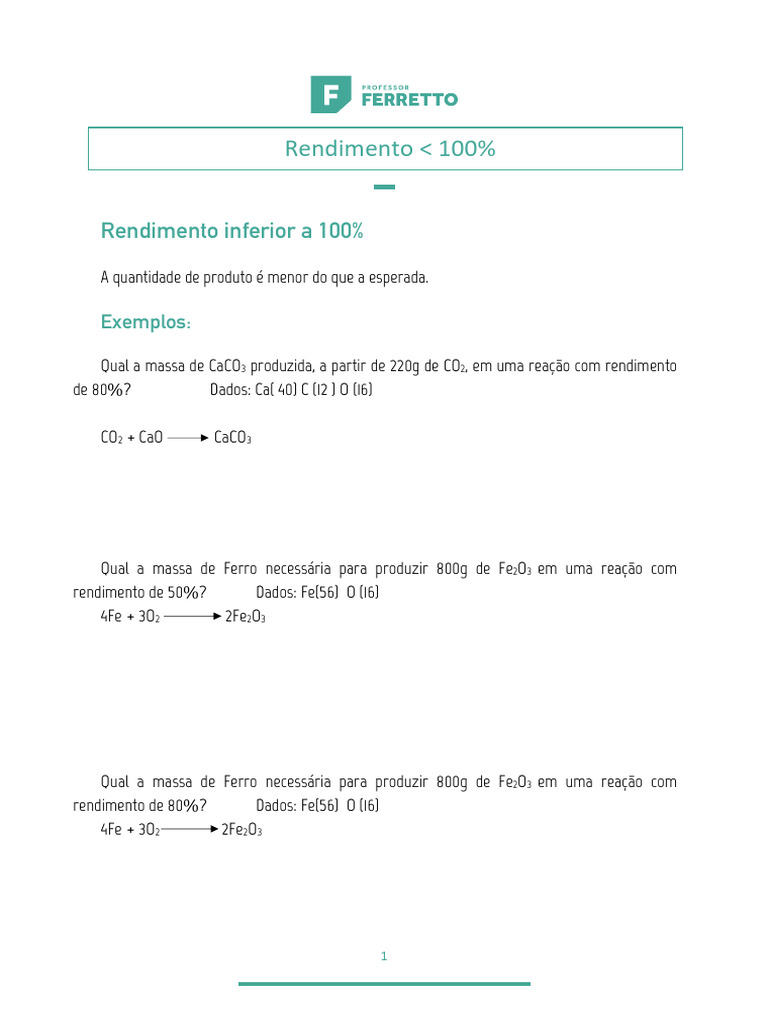 Cálculos de Rendimento em Reações Químicas | PDF