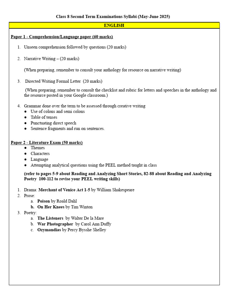 Class 8 Second Term Examinations Syllabi May-June 2025 | PDF ...