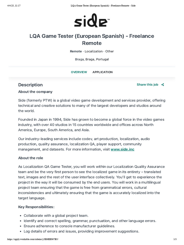 LQA Game Tester (European Spanish) - Freelance Remote - Side | PDF ...