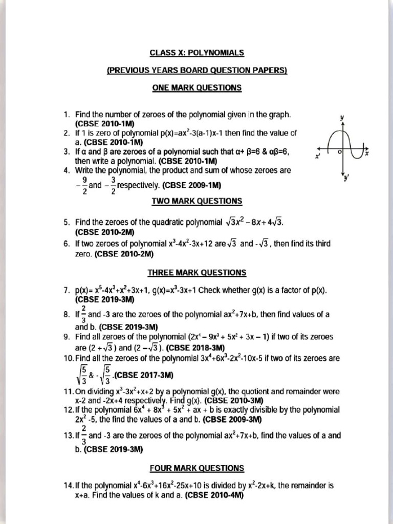 Class X Polynomial Questions Guide | PDF