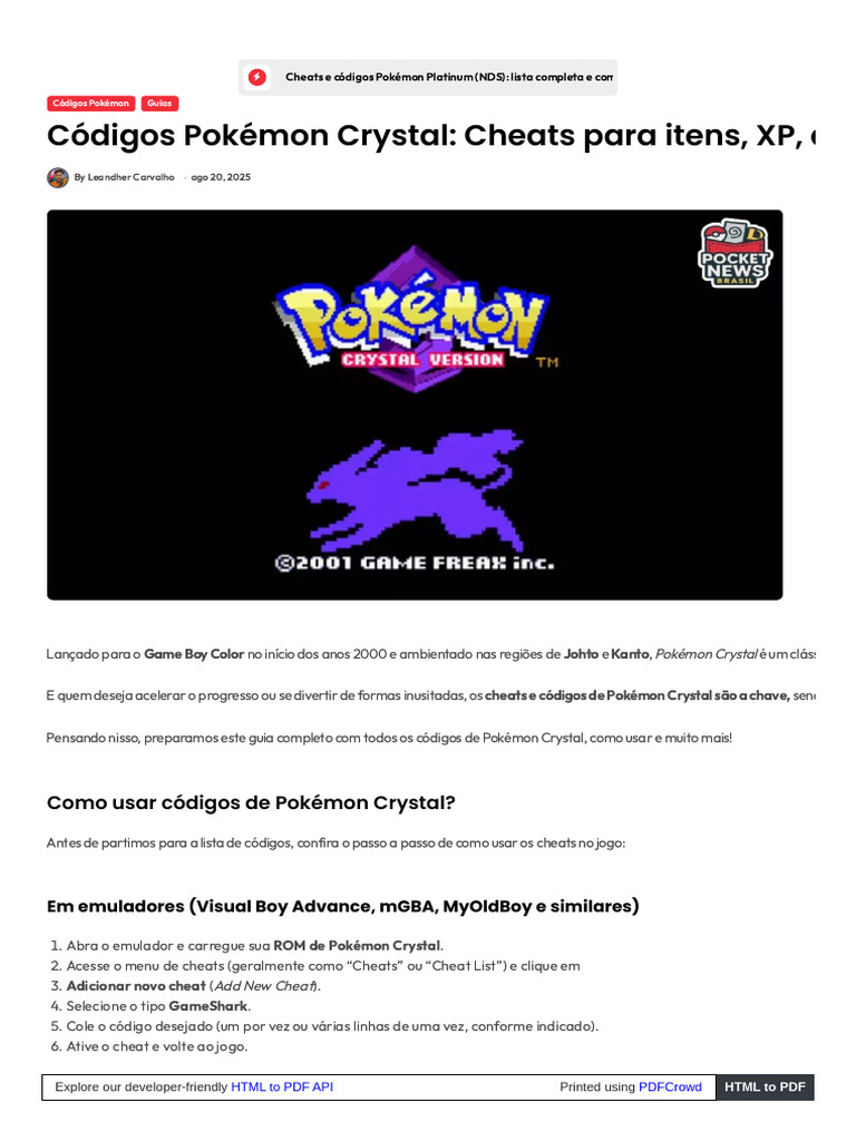 Cheats Pokémon Crystal: Guia Completo | PDF | Nintendo | Pokémon