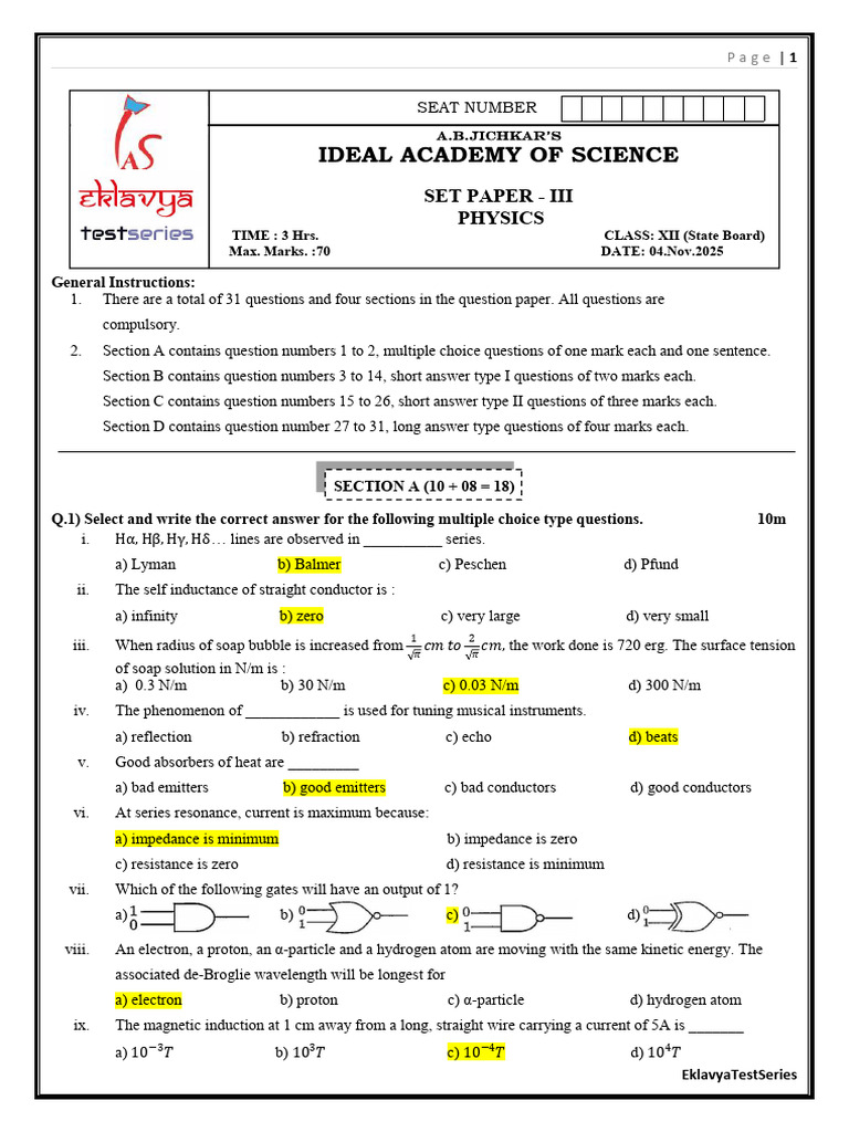 Class XII Physics Set Paper III | PDF | Electron | Diffraction