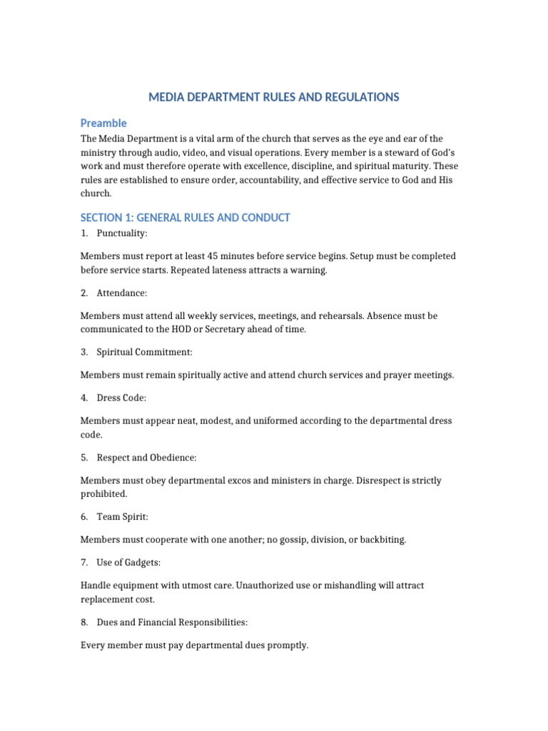 Media Department Rules and Regulations | PDF